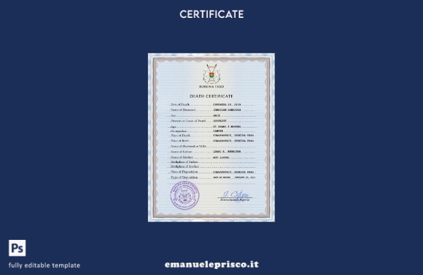 modello PSD del certificato di morte dei documenti di stato civile del Burkina F